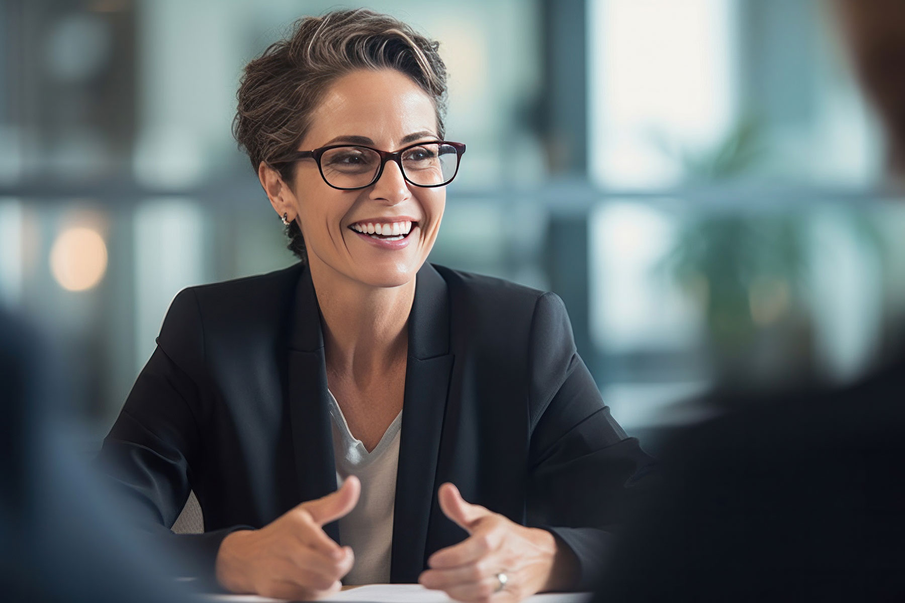 Business woman working at Phillips Medisize discussing the corporate brochure.