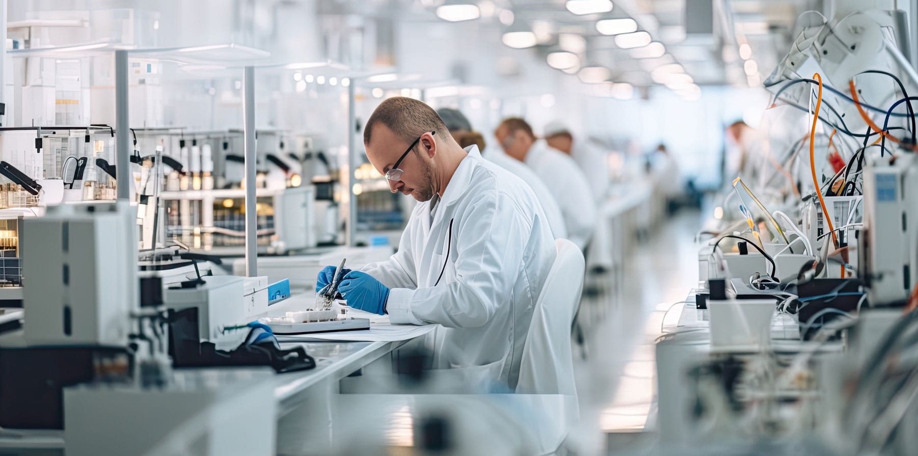 In a modern pharmaceutical laboratory, a team of scientists and technicians work on cutting-edge cdmo capabilities