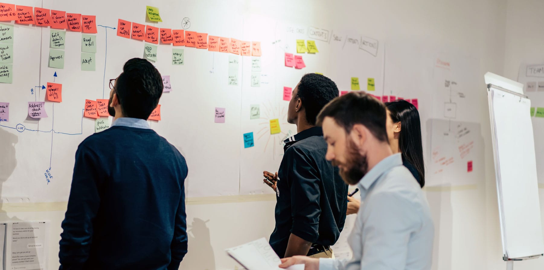 Professional team of young people creating a R&D manufacturing project using colorful text notes glued on wall in office.