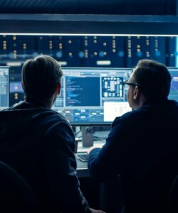 two men looking at computer screens
