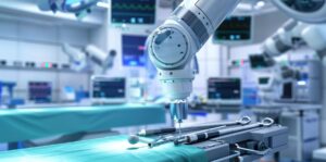 A sterile surgical environment with robotic equipment in focus, ready for a procedure, with a backdrop of advanced medical technology.